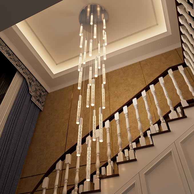 12FT High Ceiling LED Crystal Chandelier 26-Lights Modern Dimmable Pendant Lighting for Entryway Living Room Dining Room Staircase Foyer Long Hanging Polished Chrome Glam
