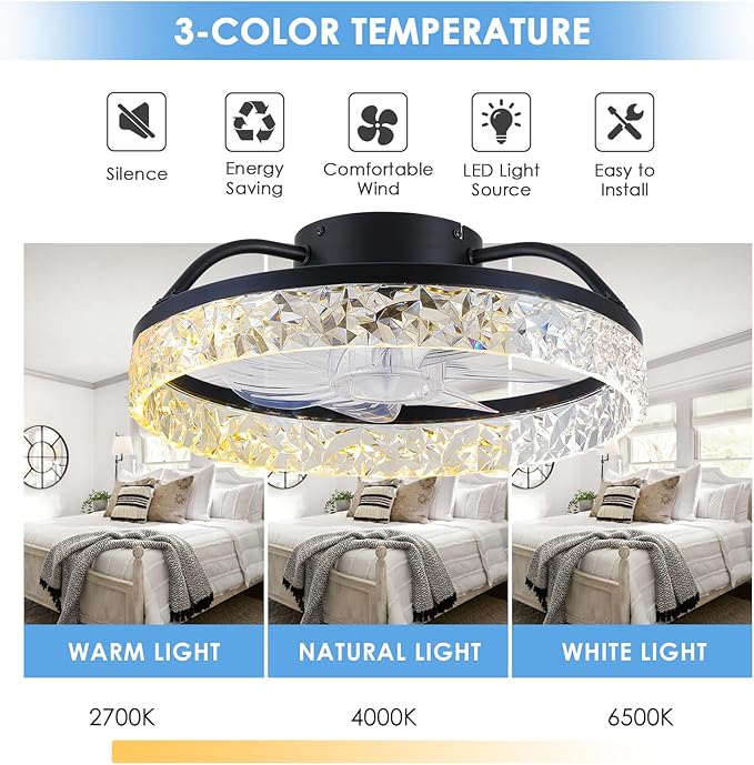 Mpayel Ceiling Fans with Lights and Remote/APP Control, Modern Dimmable Low Profile Ceiling Fan, Flush Mount Bladeless Ceiling Fan, 16" Memory Function Forward Reverse and 6 Speeds - Black