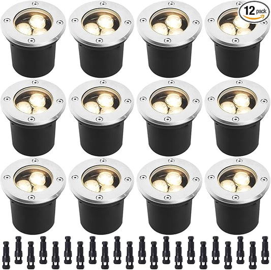 3W Led Low Voltage Landscape Lighting with Wire Connectors and Well Lights for Garden, Driveway, Deck, Tree (12 Pack)