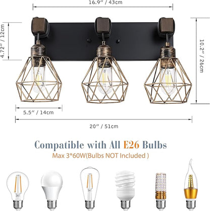 Farmhouse Bathroom Light Fixtures, 3-Light Bathroom Lighting Fixtures Over Mirror, Rustic Wood Black Gold Vanity Lights Wall Sconces with Metal Lampshade for Living Room