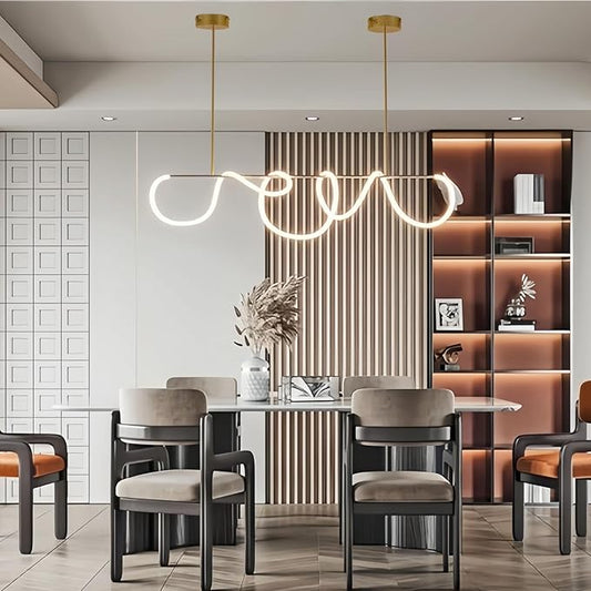 SMG Modern LED Linear Pendant Light for Dining Room, Dimmable Gold Kitchen Chandelier, 47" Linear DIY Chandelier with Remote Control Stepless Dimming, Restaurant Office Long Hose Lamp