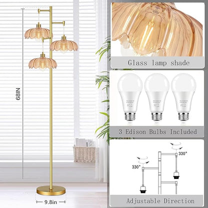 Vintage Floor Lamps for Living Room Bedroom-3 Light Glass Floor Lamp with Three Led Bulb, Flower Tall Floor Lamp Gold Mid Century Modern Standing Lamp Tree Floor Lamps for Living Room Bedroom Corner