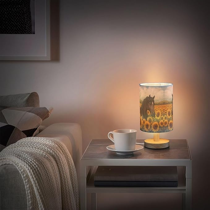 Horse in Sunflower Field Table Lamp with Wood Base Fabric Lamp Shade Bedside Nightstand Desk Lamp for Living Room Bedroom Kids Room Office