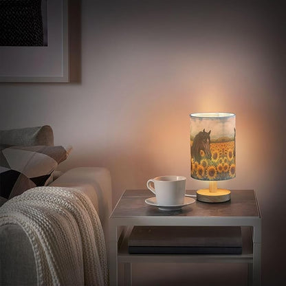 Horse in Sunflower Field Table Lamp with Wood Base Fabric Lamp Shade Bedside Nightstand Desk Lamp for Living Room Bedroom Kids Room Office
