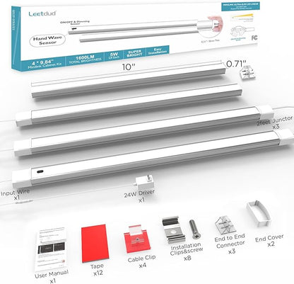 Leetdud Hand Wave Under Cabinet LED Lighting Plug in, 10 Inch 4-Pcs Dimmable Linkable Ultra Thin Aluminum Alloy Housing, 4000K Natural White Motion Sensor Counter Lights for Kitchen, Shelf, Cupboard