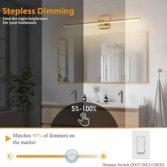 LED Bathroom Vanity Light, Modern Bathroom Light Fixture Over Mirror (3000K/4000K/6000K, Dimmable), Vanity Light Bar with Angle Adjustable, 32 Inch, Brass
