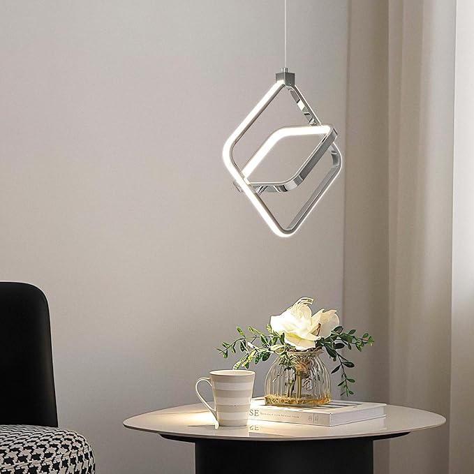 Modern LED Chandelier Chrome Rectangular Pendant Light Fixtures 4000K 20W Dimmable Height Adjustable Pendant Lighting for Dining Room Kitchen Island Bedroom Living Room Foyer（2-Pack）