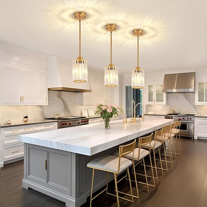 Brushed Gold Crystal Pendant Lights Kitchen Island, Modern Pendant Lighting Over Island Kitchen Hanging Light Fixtures Adjustable Mini Pendant Light for Dining Room Bathroom Entryway Hallway Foyer