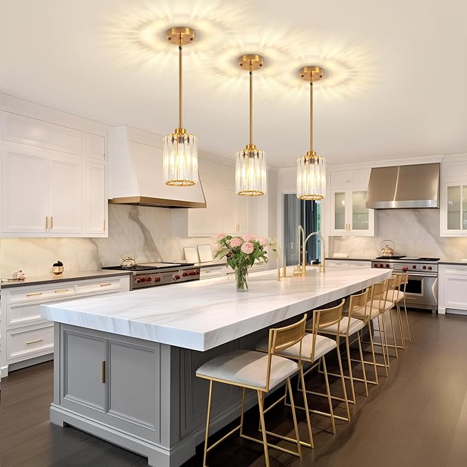 2 Pack Brushed Gold Pendant Lights Kitchen Island, Modern Crystal Kitchen Pendant Lighting Over Island Dining Room Light Fixtures Adjustable Hanging Pendant Light for Bathroom Hallway Foyer Bedroom