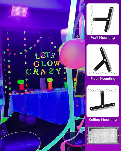 THECHAM 100W LED Black Lights IP66 Waterproof Black Light Outdoor with 5.9ft Plug+Switch,Flood Blacklight for Halloween Glow in The Dark Party Stage Light Neon Glow Birthday 2 Pack