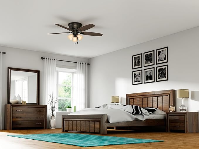 Hunter 52 inch Indoor Ceiling Fan with LED Lights - Bronze Ceiling Fan with Pull Chain, For Bedroom, Living Room, or Kitchen, Low Profile Flush Mount, No Remote, 5 Blades - Builder 53327, New Bronze