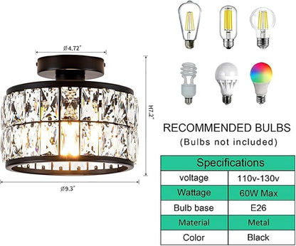 Rpzloila Crystal Ceiling Light Fixture, Modern Semi Flush Mount Ceiling Light,Crystal Chandelier for Kitchen Bedroom Bathroom Entryway, Black Finish