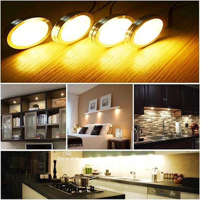 Cefrank Led Dimmable Puck Lights,Set of 6 Warm White Under Cabinet Lighting Kit w/Rotary Dimmer Switch, Total of 12W, LED Counter Light Above/in/Under Kitchen Closet Bookcase, Shelf