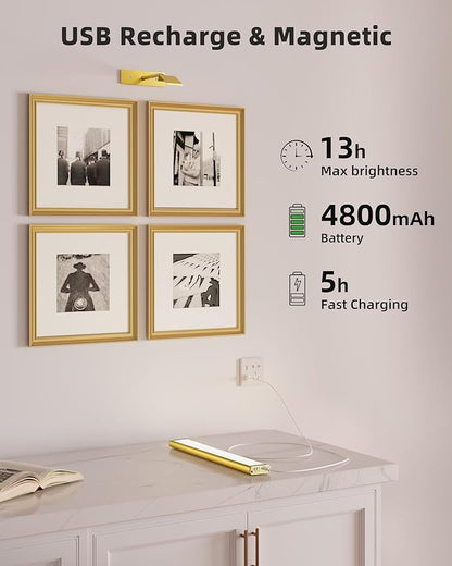 EZVALO Picture Light for Wall, 4800mAh Rechargeable Wireless Remote, Dimmable Magnetic LED Art Display Light with 3 Color Temperatures, for Gallery, Living Room, Bedroom, Hallway (Gold-2Pack)