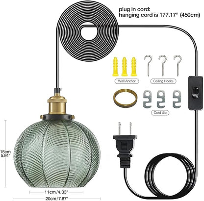 Modern Plug in Hanging Light, 7.8 Inch Glass Pendant Light with 14.76 FT Adjustable Plug in Cord, Vintage Green Hanging Lamp for Dining Room Bedroom Kitchen Island Bathroom E26