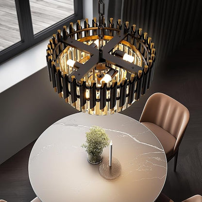Modern Black Crystal Chandelier, 16" 5-Light Round Chandelier,3 Tiers Ceiling Pendant Light, Adjustable Hanging Chandeliers for Dining Room, Foyer, Living Room, Staircase