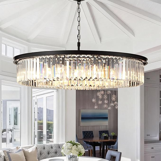 Crystal Chandeliers 18-Light, Metal Ceiling Light Fixture Adjustable Height, 39 Inch Modern Luxury Hanging/Chandelier for Living Room Dining Room Kitchen Hallway Foyer, Black