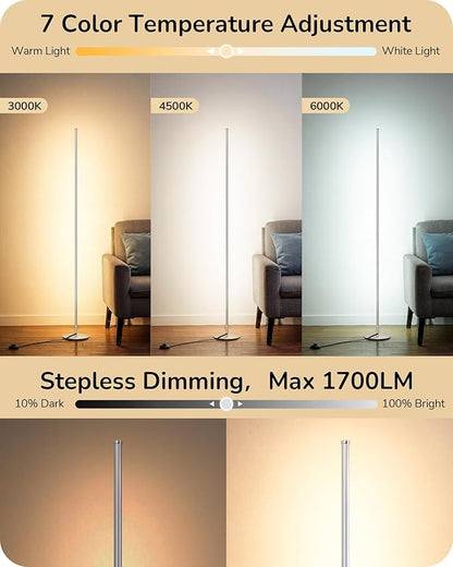 EDISHINE Dimmable Floor Lamp, 59.8" Standing Lamp with 3 Height Settings, Adjustable Color Temperature, Remote Control, Foot Switch, Slim Floor Lamps for Living Room, Sliver