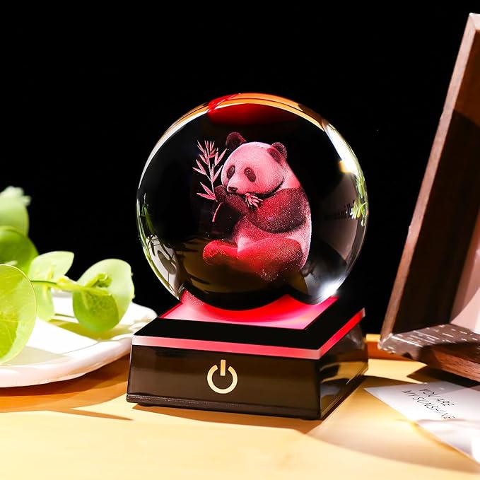 Arikyrist 3D Panda Figurine Crystal Ball with Colorful Light Base, Panda Gifts for Women Men on Christmas Birthday, 3D Laser Engraved Pandas Full Sphere Glass Decorative Ball for Home Office (80mm)