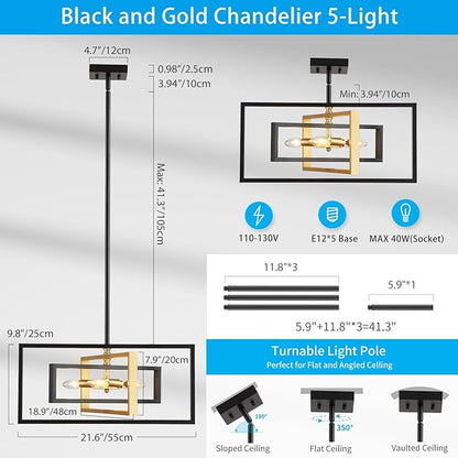 XINGQI Brushed Nickel Chandelier 22" Modern Pendant Light Fixture Ceiling 5-Lights Large Geometric Chandeliers for Dining Room Living Room Kitchen Island Bedroom
