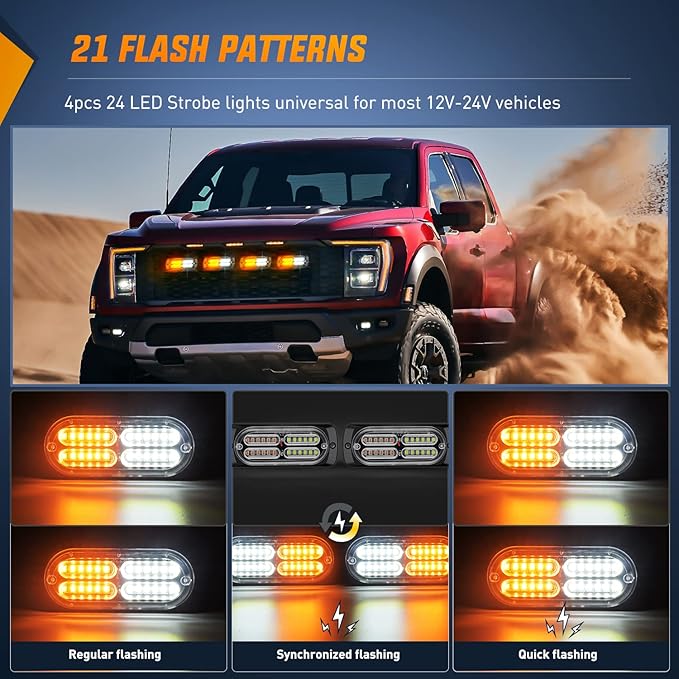 Nilight 4PCS 24LED Emergency Strobe lights 12V 24V Amber White Surface Mount Grille Hazard Safety Warning Lights Sync Feature Side Flashing Marker Flash for Car Truck Campers