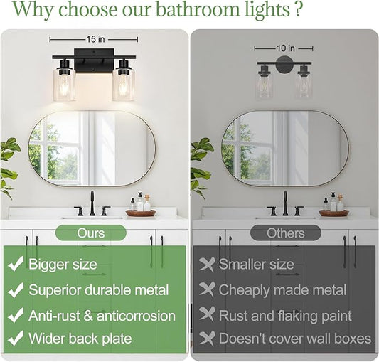 Indoi Matte Black 2-Light Bathroom Vanity Light with Clear Glass Shades — Modern Bathroom Light Fixtures & Vanity Lights for Mirror