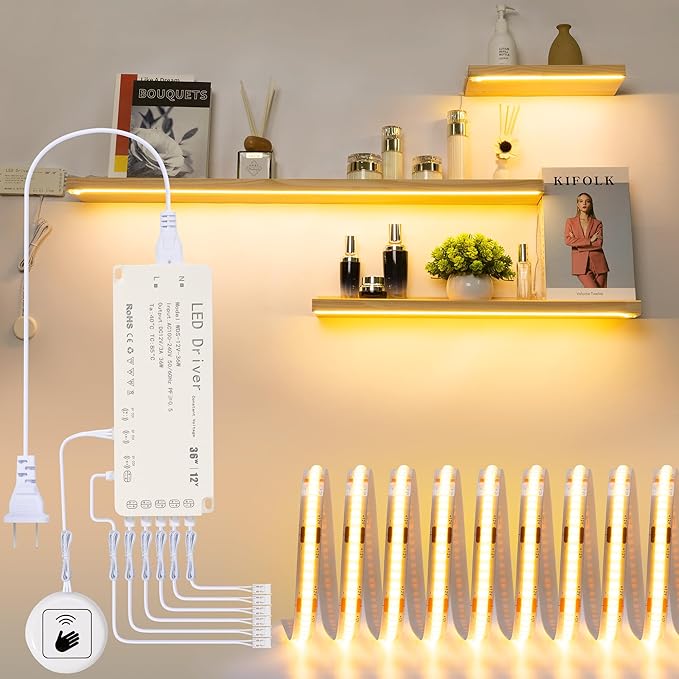 Martronic 16.4ft 3000K Shelf Sights, Plug-in Cut to Size COB LED Light Strip for 6 Shelves, Hand-Sweep Under Shelf Lighting for Pantry Bookshelf