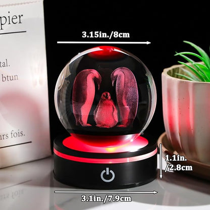 YWHL 3D Crystal Ball Penguin Figurine with LED Base Laser Penguins Gifts for Women Men on Christmas Birthday Decorative Penguin Statue Ball Glass Animals Globe Night Light for Home Decor (80mm)