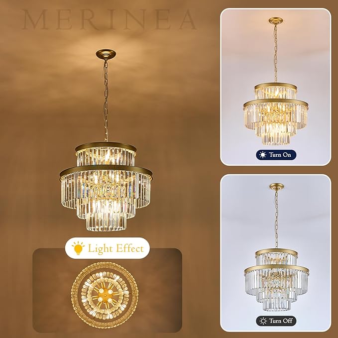 Modern Gold Crystal Chandeliers 15 Lights 4-Tier Luxury K9 Crystal Lighting 22" Round Ceiling Pendant Light Fixture for Living Room Dining Room Bedroom Kitchen Foyer