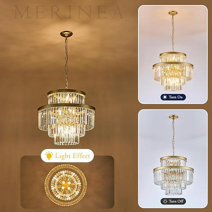 Modern Gold Crystal Chandeliers 15 Lights 4-Tier Luxury K9 Crystal Lighting 22" Round Ceiling Pendant Light Fixture for Living Room Dining Room Bedroom Kitchen Foyer