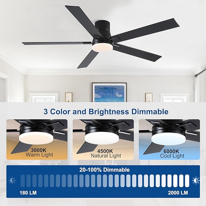 60 Inch Ceiling Fans with Lights and Remote,Flush Mount Black Ceiling Fan with 5 Blades,6 Speed Reversible DC Motor,3CCT Dimmable LED-Low Profile Design for Bedroom, Living room & Covered Outdoor