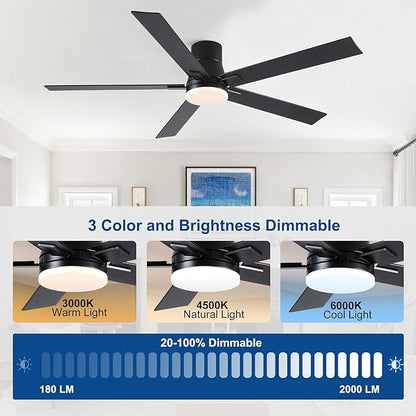 60 Inch Ceiling Fans with Lights and Remote,Flush Mount Black Ceiling Fan with 5 Blades,6 Speed Reversible DC Motor,3CCT Dimmable LED-Low Profile Design for Bedroom, Living room & Covered Outdoor
