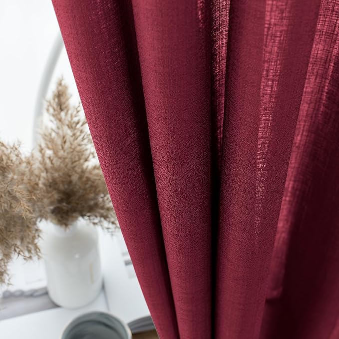 Melodieux Burgundy Semi Sheer Curtains 72 Inches Long for Bedroom, Living Room Farmhouse Linen Look Shiny Sheer Drapes, Rod Pocket Light Filtering Sheer Curtains, 52" W x 72" L, 2 Panels