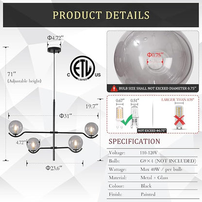 CATINER Modern Black Sputnik Chandelier, Large 4 Lights L31 '' Mid Century Long Ceiling Pendant Light with Smoke Gray Glass Globe Shades for High Ceiling Living Dining Room Foyer Bedroom