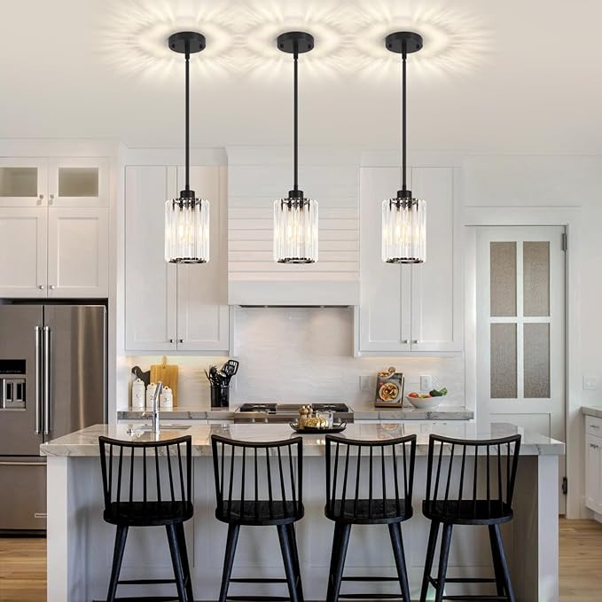 Black Pendant Light, Modern Crystal Pendant Lights Kitchen Island Lighting, Hanging Light Fixtures Mini Chandelier Pendant Lights for Island Dining Room Hallway Bedroom