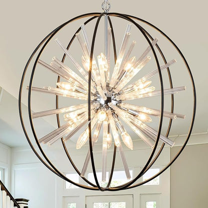 Vezzio 12-Light Modern Crystal Chandeliers for Entryway D27 Inch Black Globe Foyer Chandelier Contemporary Ceiling Hanging Light Fixture for Dining Room Kitchen Island Living Room Hallway Stairway