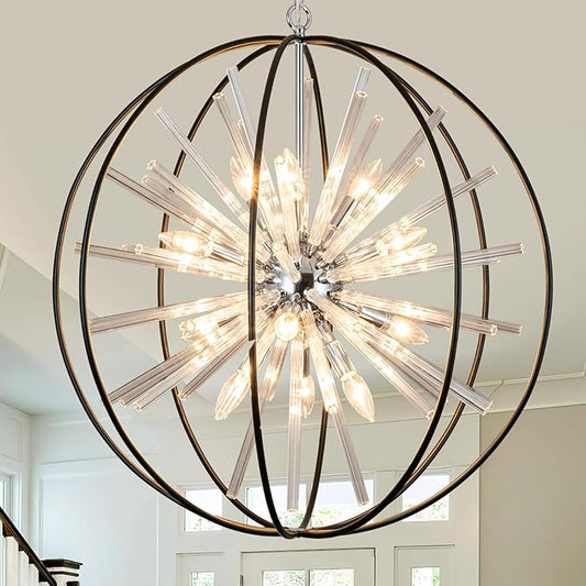 Vezzio 12-Light Modern Crystal Chandeliers for Entryway D27 Inch Black Globe Foyer Chandelier Contemporary Ceiling Hanging Light Fixture for Dining Room Kitchen Island Living Room Hallway Stairway