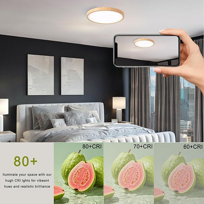 12 Inch Wood Grain Flush Mount Ceiling Light Fixture, Modern 22W Round Flat Overhead 3000K-4000K-6000K Selectable LED Ceiling lamp for Bedroom, Living Room, Kitchen, Entryway, Office