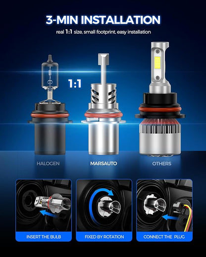 Marsauto 9007 Light Bulbs, 70,000LM 1200% Super Bright, 1:1 Size, 6500K Cool White 9007 Fog Lights, No Adapter Required Easy Install, Pack of 2