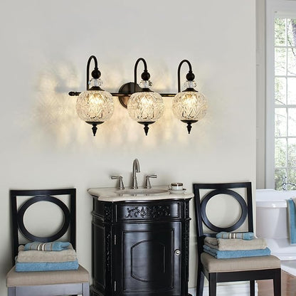 Piepooye Vintage Bathroom Light Fixtures Black Vanity Light with Glass Globe LampShade 3 Lights Mid Century G9 Bulb Wall Sconce Indoor Vanity Light Over Mirror for Kitchen Bedroom Farmhouse
