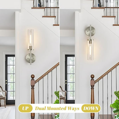 MOKATNG Wall Sconces Set of Two, Brushed Nickel Bathroom Sconces with Clear Glass, Hardwired Sconces Wall Decor Set of 2, Modern Wall Light Fixtures for Bathroom Mirror Living Room Bedroom Hallway
