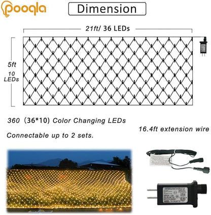 Warm White Net Lights, 360 LED Christmas Lights Outdoor, 21ft x 5ft Large Net Mesh String Lights, 8 Modes Twinkle Light Connectable Plug in for Bushes Christmas Hedge Yard Garden Party Decor