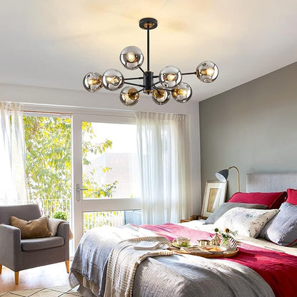 DDLLDESHI 8-Light Sputnik Black Chandelier with Globe Glass Black and Gold Pendant Lights Bubble Light Chandeliers for Dining Room Farmhouse Kitchen Living Room Bedroom Office