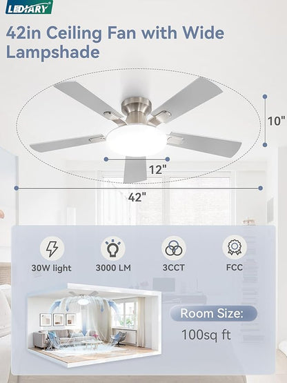 42 Inch Ceiling Fan with Lights and Remote, 30W 12" LED Panel Flush Mount Ceiling Fan, 6-Speed Quiet DC Motor Modern Low Profile Ceiling Fan with Reversible Blades for Bedroom, Living Room, Patio