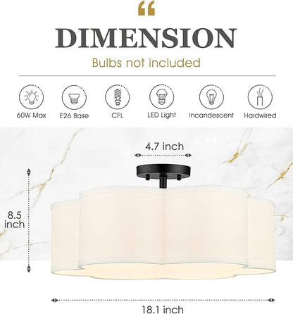Black Semi Flush Mount Ceiling Lights, 6-Light 18Inch Ceiling Light Fixtures with Fabric Drum Shade in Flower Shape for Nursery Bedroom Kitchen, AD-22007-6SF-BK