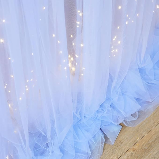 Baby Blue Sheer Tulle Backdrop Curtains with Lights String for Parties Baby Shower Decorations for Boy Bridal Shower Birthday Party Photo Shoot Background Wall Decorations 10×8ft(2 Panels 5×8ft)