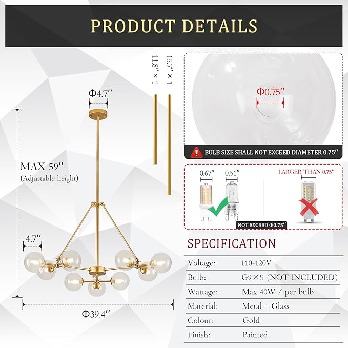 CATINER L40”Sputnik Chandeliers 9-Lights Modern Gold Chandelier Mid Century Ceiling Pendant Light Fixtures with Clear Glass Globe Shades for Kitchen Bedroom Living Dining Room Foyer Entryway
