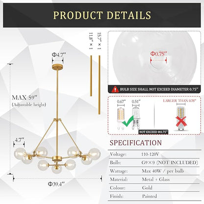 CATINER L40”Sputnik Chandeliers 9-Lights Modern Gold Chandelier Mid Century Ceiling Pendant Light Fixtures with Clear Glass Globe Shades for Kitchen Bedroom Living Dining Room Foyer Entryway