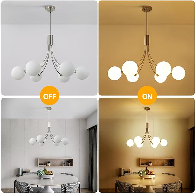 CNRATYE 6-Light Brushed Nickel Chandelier, Modern Dining Room Light Fixture Hanging, Sputnik Chandelier for Living Room Kitchen Island Bedroom Entryway, Milk White Globe Glass Shade