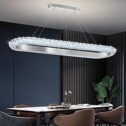 47'' Oval Ring Crystal Chandelier Modern LED Dimmable Ring Pendant Light Chandelier for Dining Room Living Room Silver